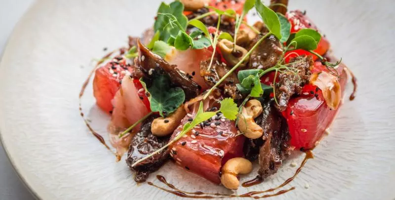 Crispy Duck and Watermelon Salad with Toasted Cashews